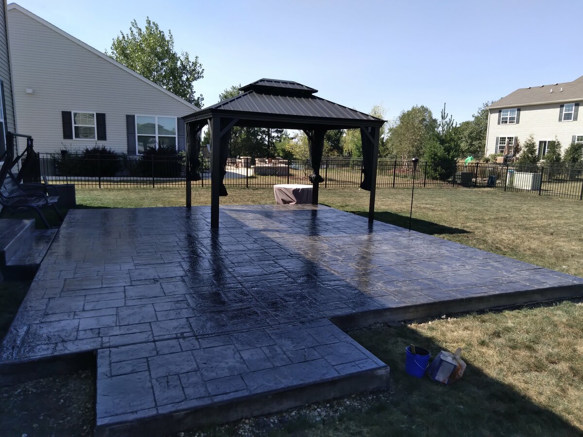 Stamped concrete patio with gazebo