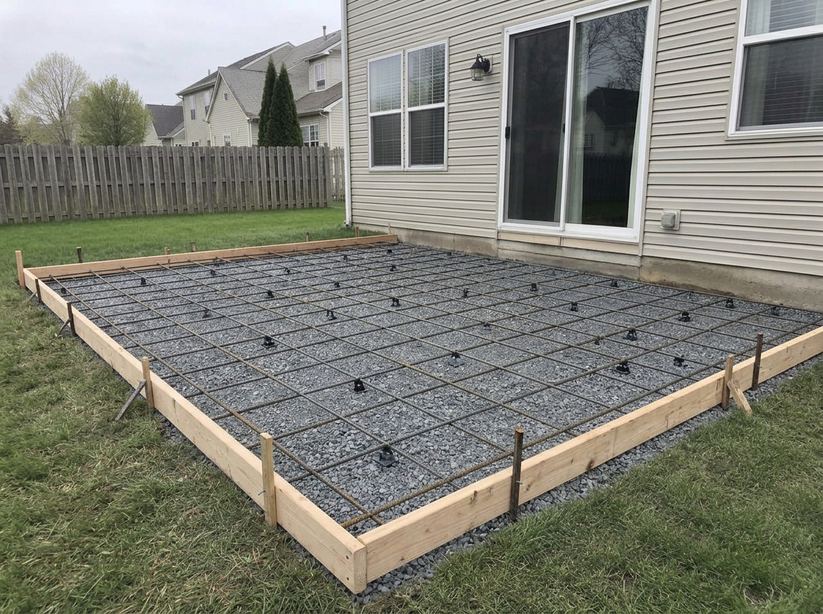 Wood forms staked around the base with a rebar grid inside