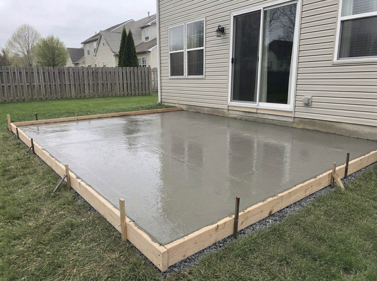 Freshly poured wet concrete leveled inside the forms