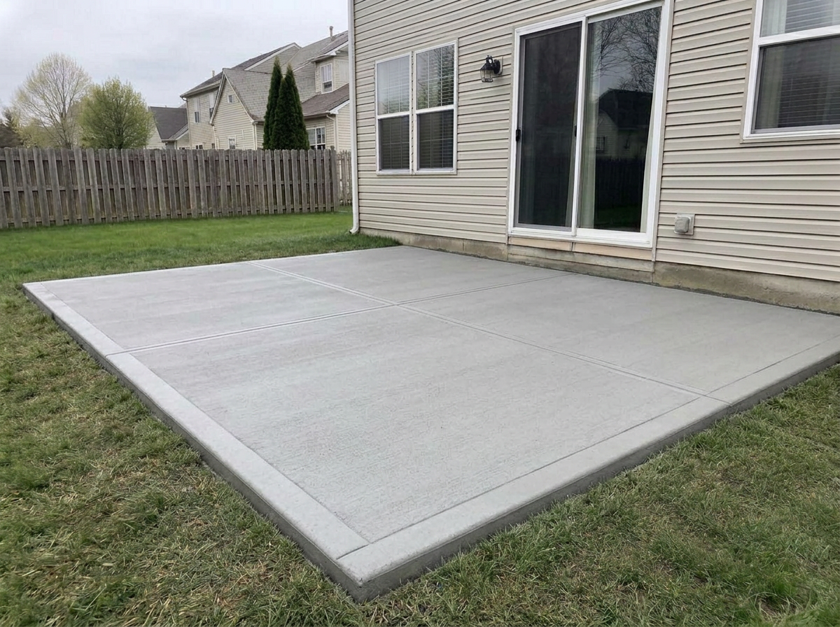 Finished broom-textured concrete patio with control joints